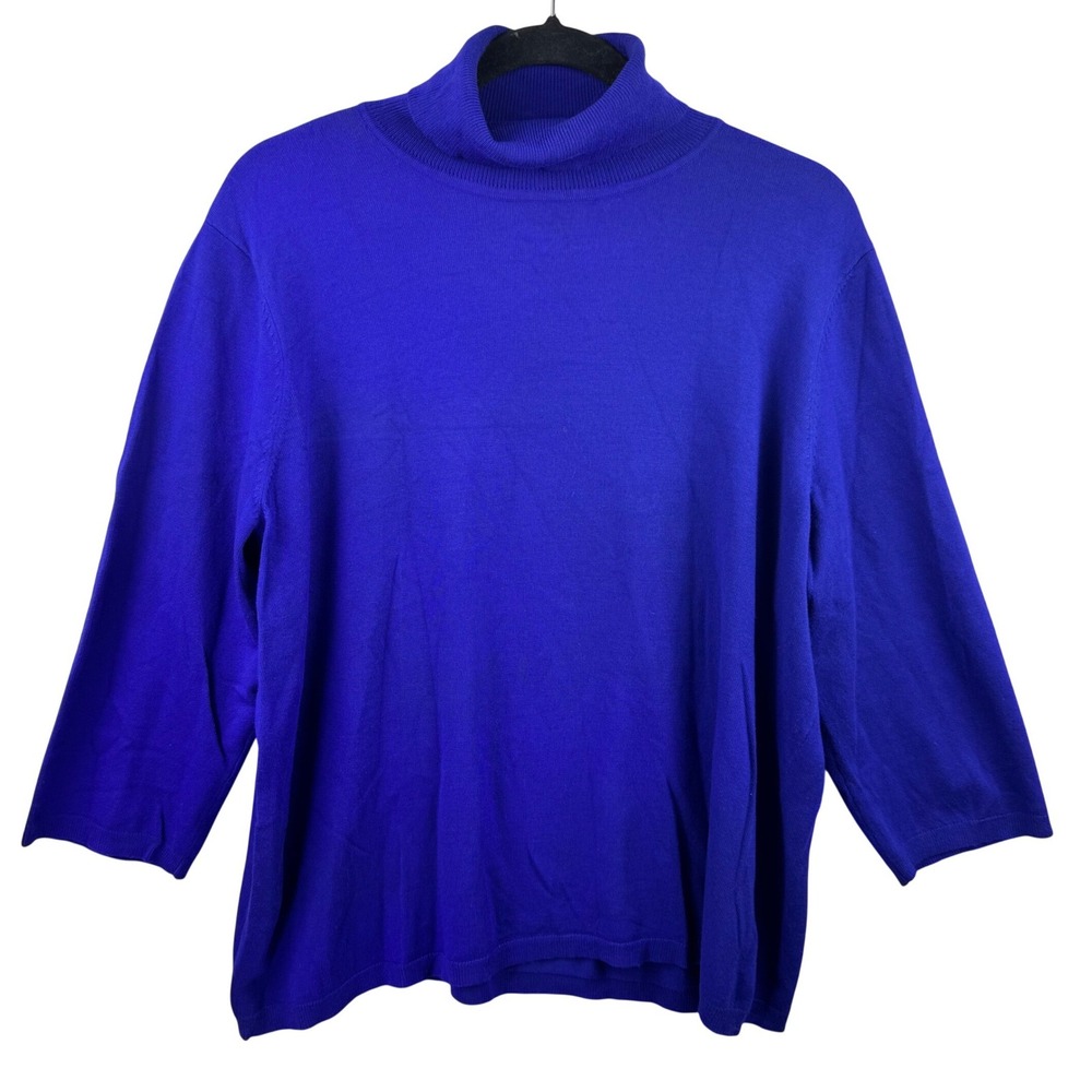 Chico's Turtleneck Sweater Womens XL Blue 3/4 Sleeve Rayon Blend Ribbed Knit